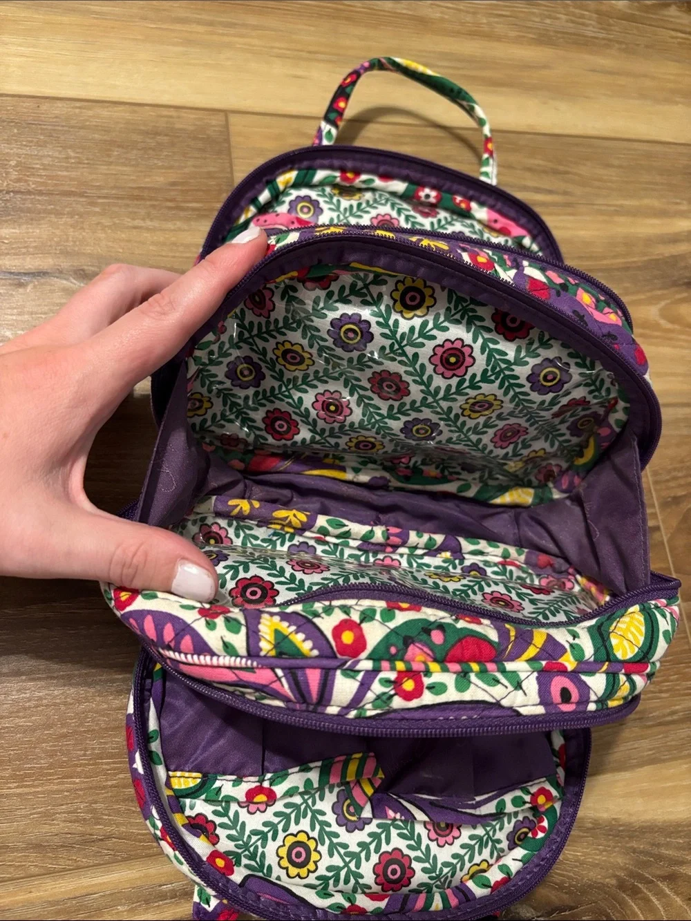 Floral Quilted Multi-Zip Cosmetic Bag - Purple & Green